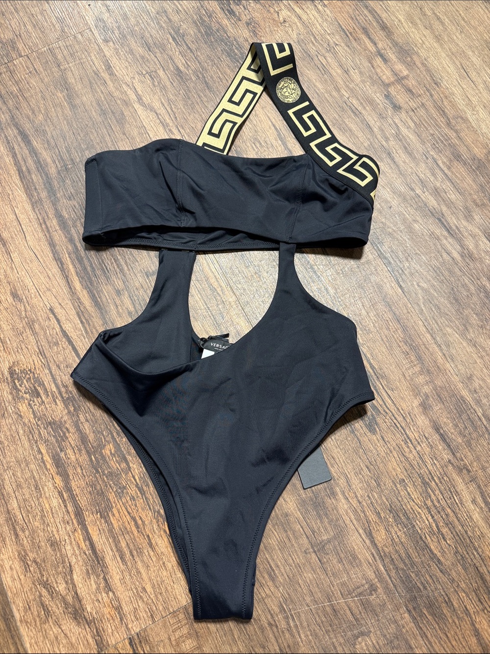 Versace Black One-Shoulder Cutout Monokini with Gold Greek Key Strap